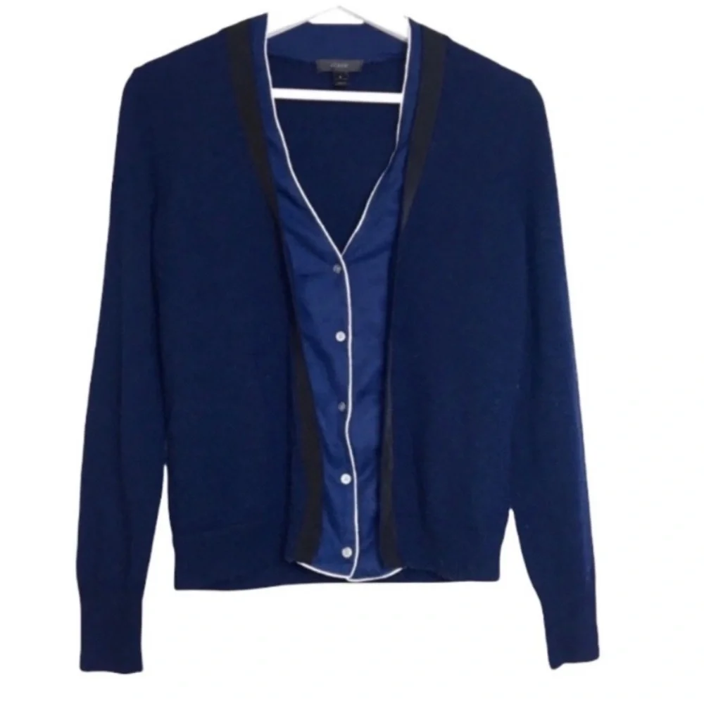 J. Crew Merino Wool Ribbon & Faux Shirt Navy Casual Cardigan Sweater S
